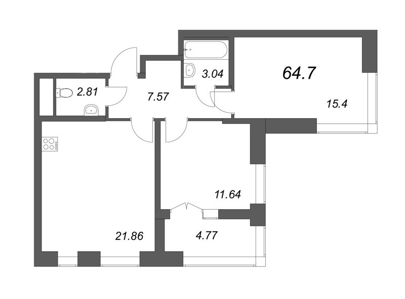 3-комнатная (Евро) квартира, 64.7 м² - планировка, фото №1