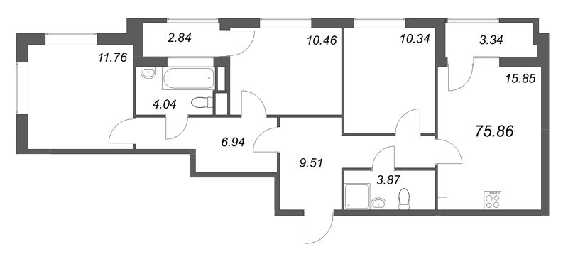 4-комнатная (Евро) квартира, 75.86 м² в ЖК "Гранат" - планировка, фото №1