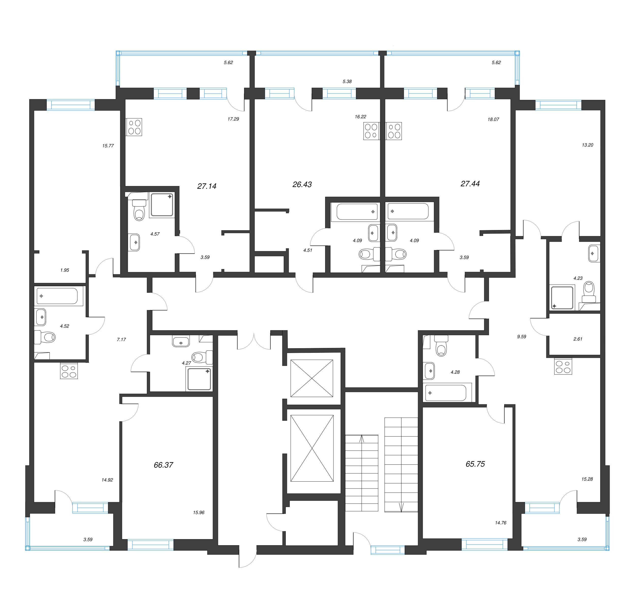 3-комнатная (Евро) квартира, 66.37 м² в ЖК "Энфилд" - планировка этажа