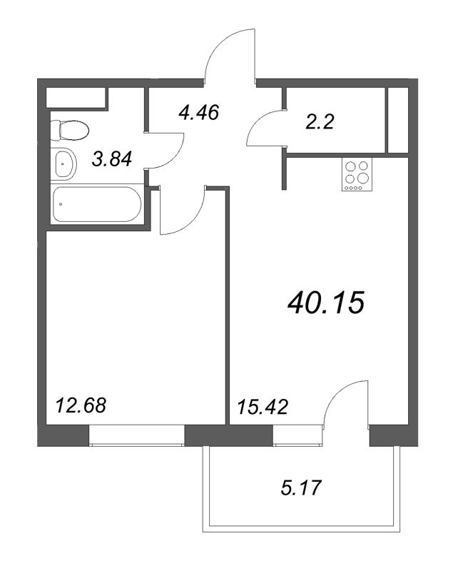 2-комнатная (Евро) квартира, 43.77 м² - планировка, фото №1