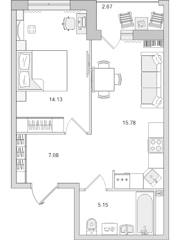 2-комнатная (Евро) квартира, 44.81 м² в ЖК "Город Первых" - планировка, фото №1