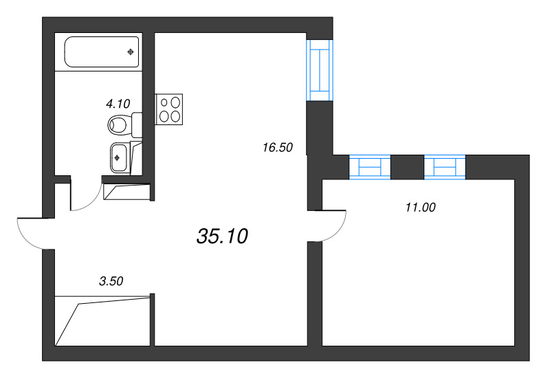 2-комнатная (Евро) квартира, 35.1 м² в ЖК "Эко Квартал Нега" - планировка, фото №1