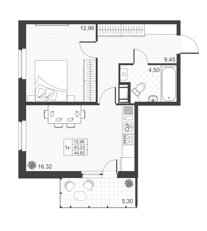 1-комнатная квартира, 44.82 м² в ЖК "Ново-Антропшино" - планировка, фото №1