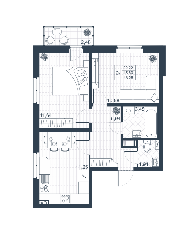 2-комнатная квартира, 46.54 м² - планировка, фото №1