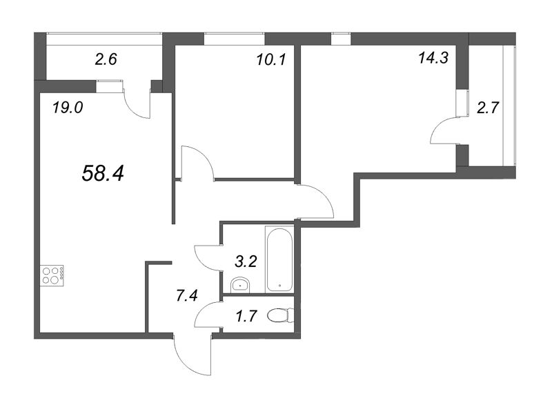 3-комнатная (Евро) квартира, 58.4 м² - планировка, фото №1