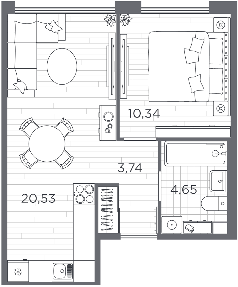 2-комнатная (Евро) квартира, 39.26 м² в ЖК "PLUS Пулковский" - планировка, фото №1