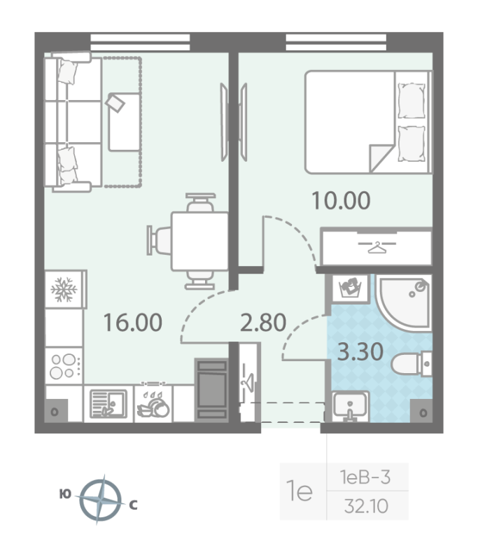 1-комнатная квартира, 32.1 м² - планировка, фото №1