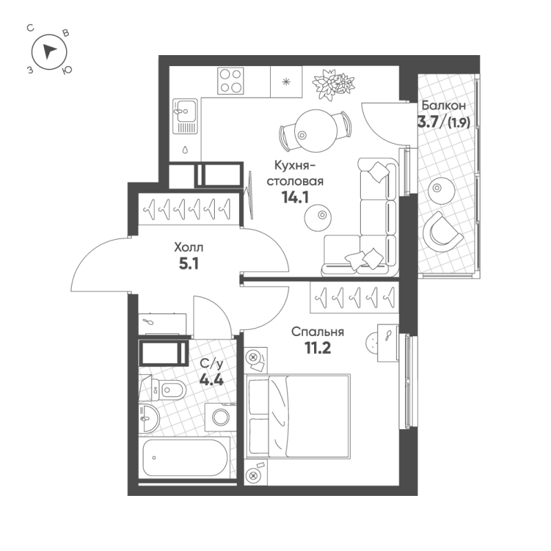1-комнатная квартира, 36.7 м² - планировка, фото №1