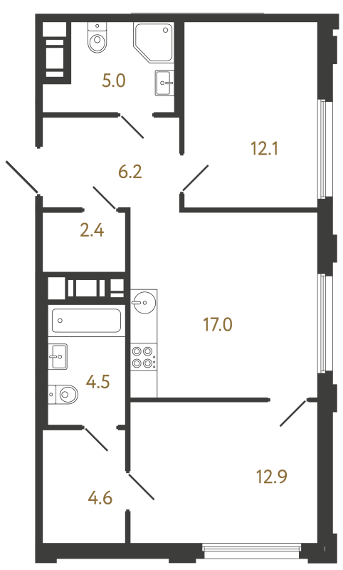 3-комнатная (Евро) квартира, 64.7 м² в ЖК "Гений" - планировка, фото №1