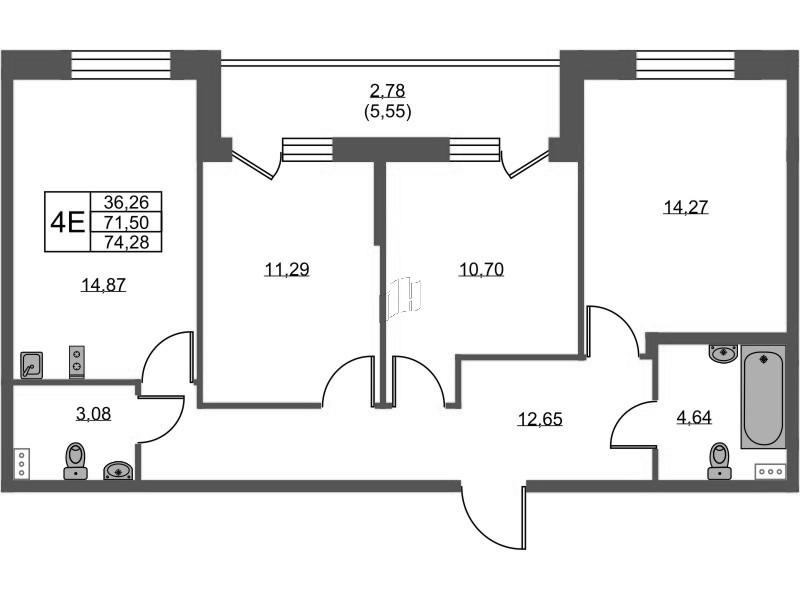 3-комнатная квартира, 74.28 м² - планировка, фото №1