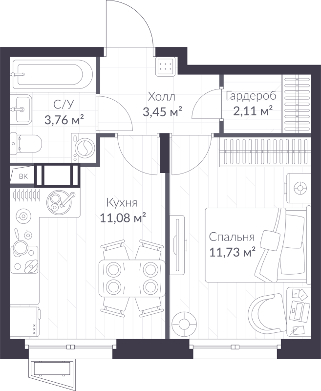 1-комнатная квартира, 32.13 м² - планировка, фото №1