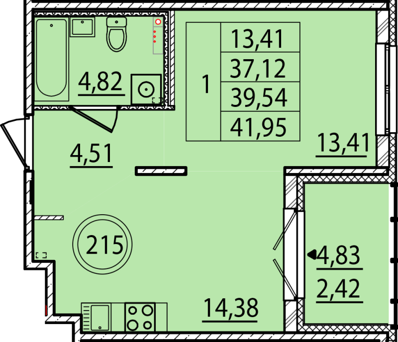 1-комнатная квартира, 37.12 м² в ЖК "Образцовый квартал 15" - планировка, фото №1