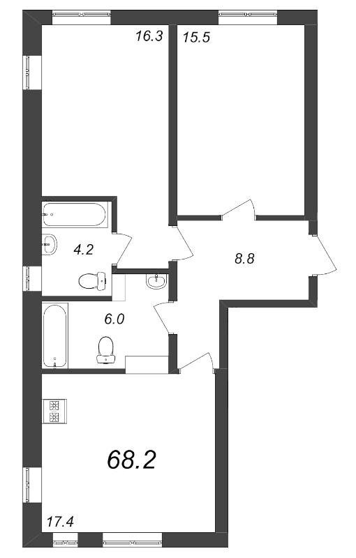 2-комнатная квартира, 68.2 м² - планировка, фото №1