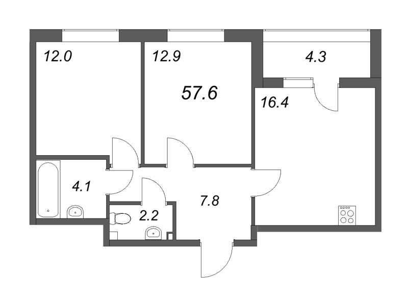 3-комнатная (Евро) квартира, 57.6 м² - планировка, фото №1