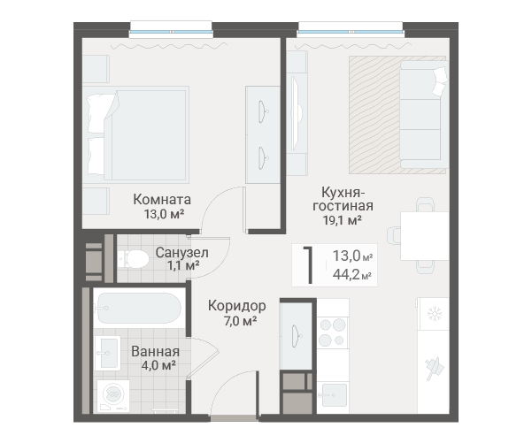 2-комнатная (Евро) квартира, 44.2 м² в ЖК "Руднева 15" - планировка, фото №1