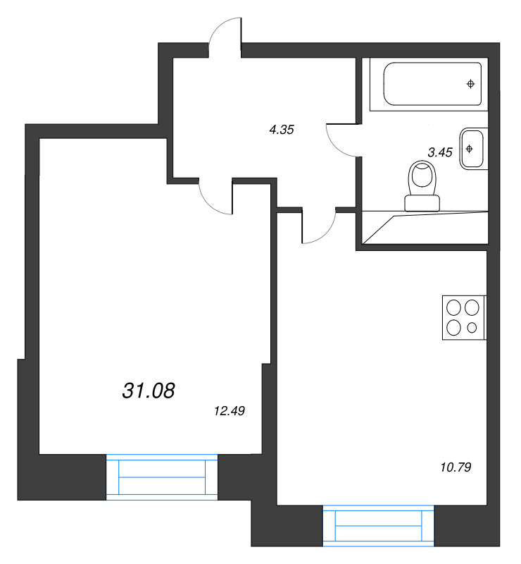 1-комнатная квартира, 31.08 м² - планировка, фото №1