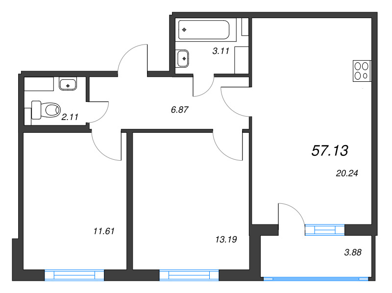 3-комнатная (Евро) квартира, 57.13 м² - планировка, фото №1