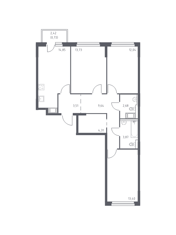 3-комнатная квартира, 78.76 м² - планировка, фото №1