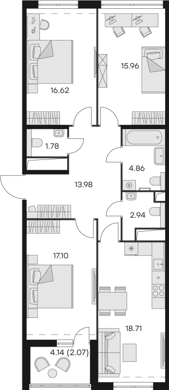 3-комнатная квартира, 94.02 м² в ЖК "GloraX Заневский" - планировка, фото №1