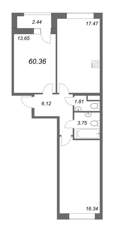 3-комнатная (Евро) квартира, 60 м² в ЖК "FoRest Аквилон" - планировка, фото №1