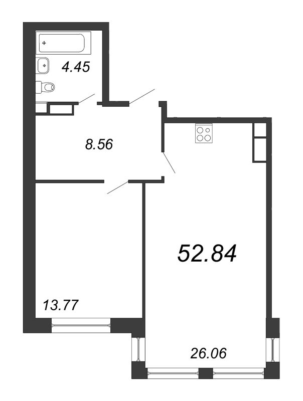 2-комнатная (Евро) квартира, 52.84 м² - планировка, фото №1
