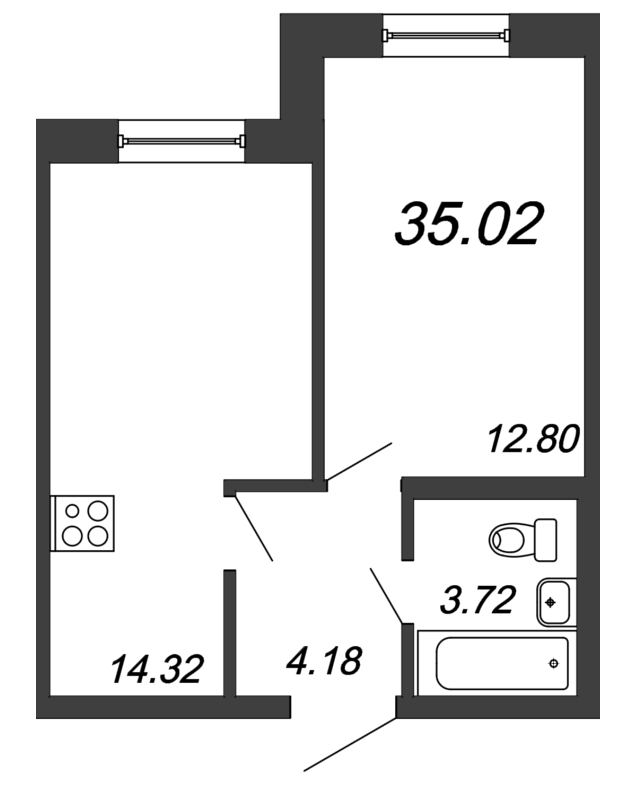 2-комнатная (Евро) квартира, 35.02 м² - планировка, фото №1