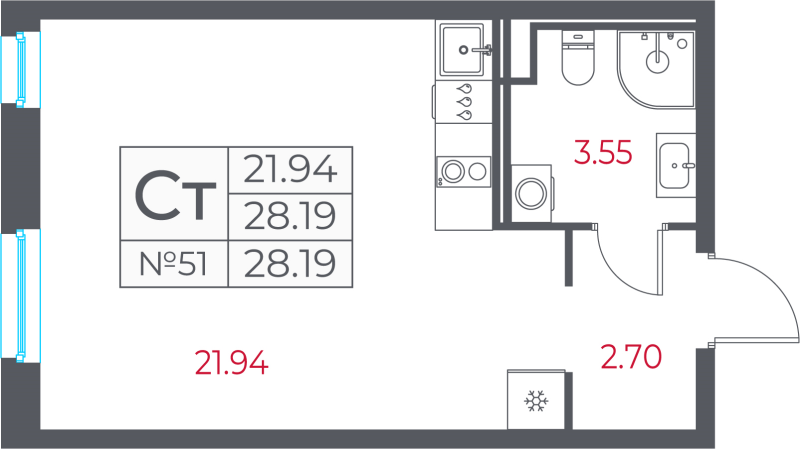 Квартира-студия, 28.19 м² в ЖК "Город-спутник Южный" - планировка, фото №1