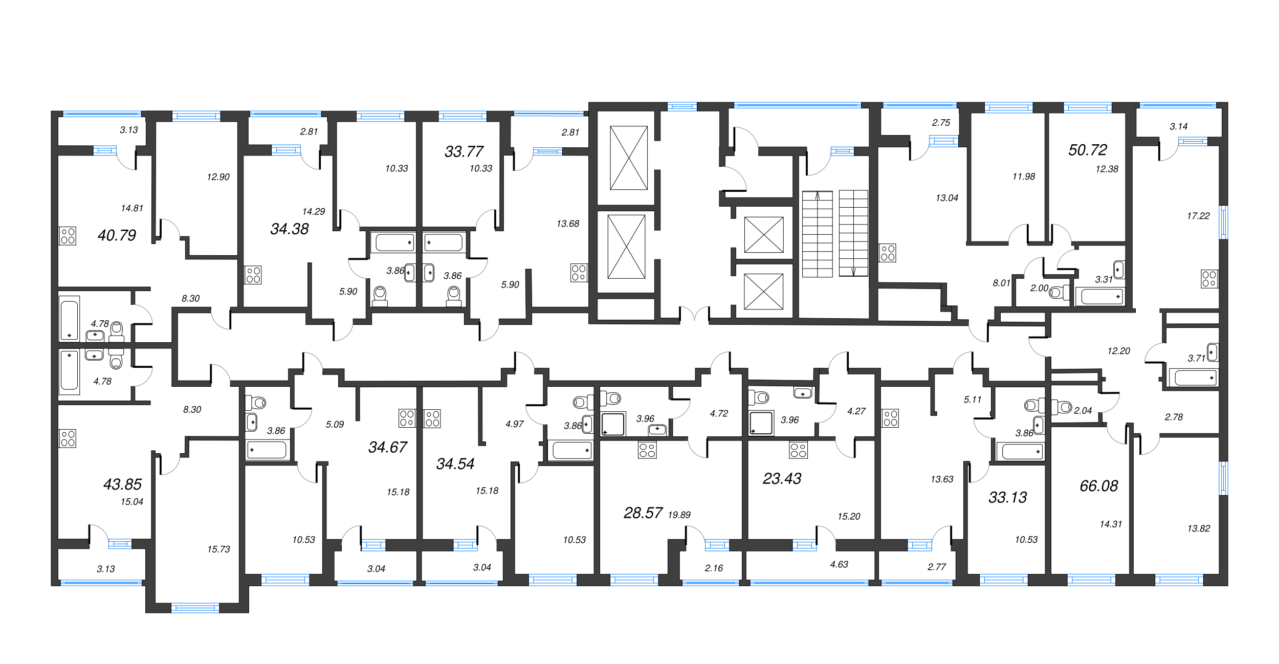 3-комнатная (Евро) квартира, 47.45 м² - планировка этажа