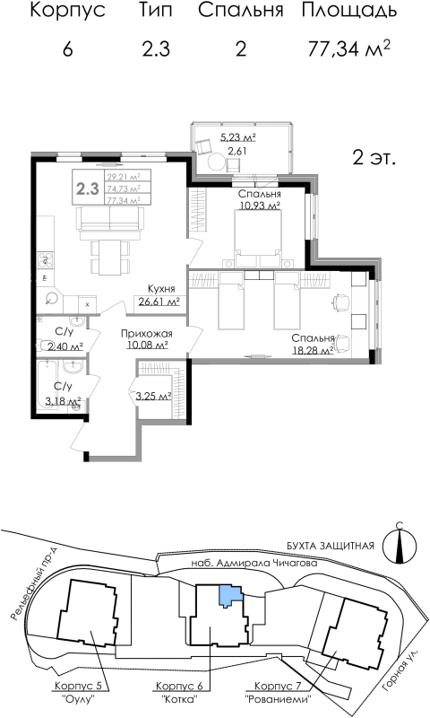 3-комнатная (Евро) квартира, 77.7 м² в ЖК "Малая Финляндия" - планировка, фото №1