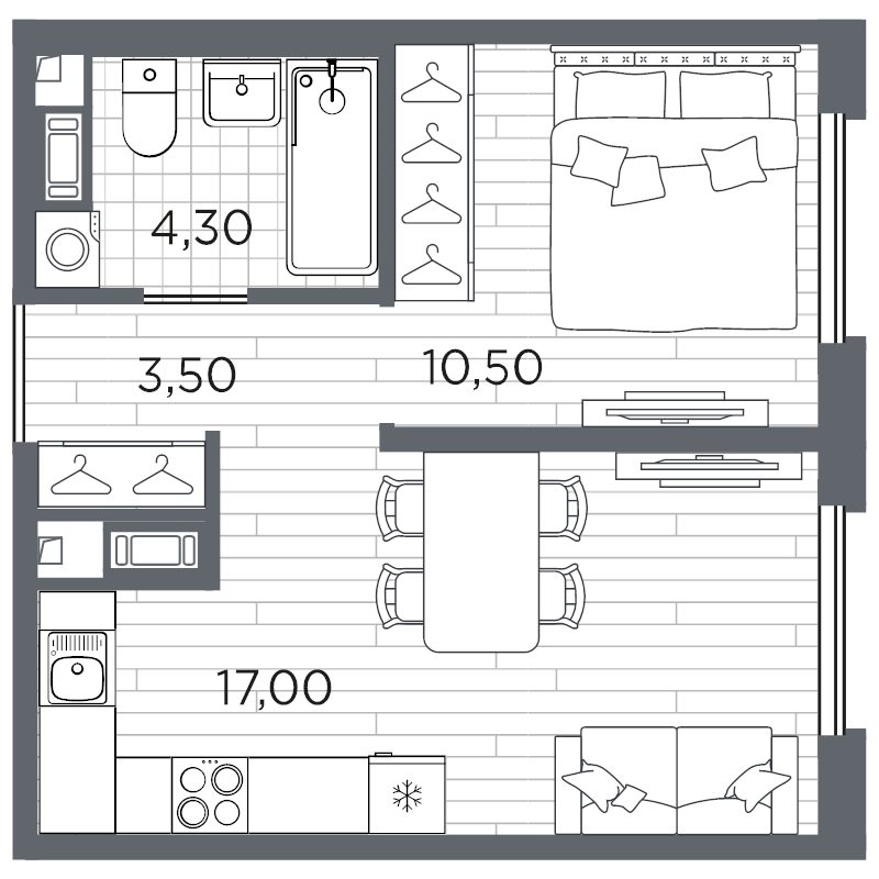 2-комнатная (Евро) квартира, 35.3 м² в ЖК "PLUS Пулковский" - планировка, фото №1