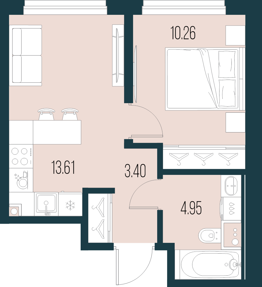 2-комнатная (Евро) квартира, 32.22 м² в ЖК "Новая Земля" - планировка, фото №1