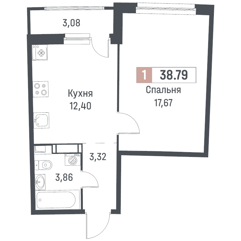 1-комнатная квартира, 38.79 м² в ЖК "Авиатор" - планировка, фото №1