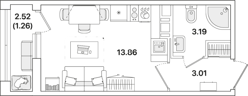 Квартира-студия, 21.32 м² в ЖК "Академик" - планировка, фото №1
