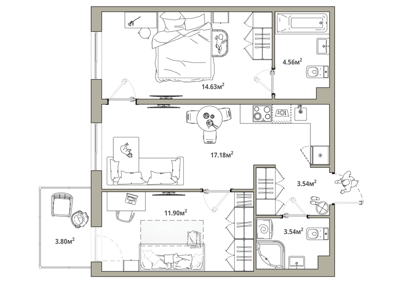 3-комнатная (Евро) квартира, 56.49 м² в ЖК "Тишин" - планировка, фото №1