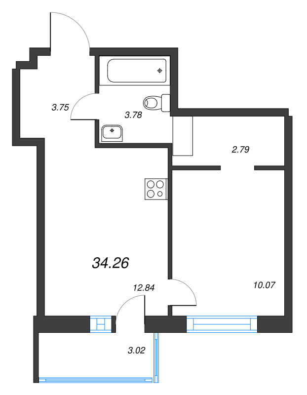 1-комнатная квартира, 34.26 м² - планировка, фото №1
