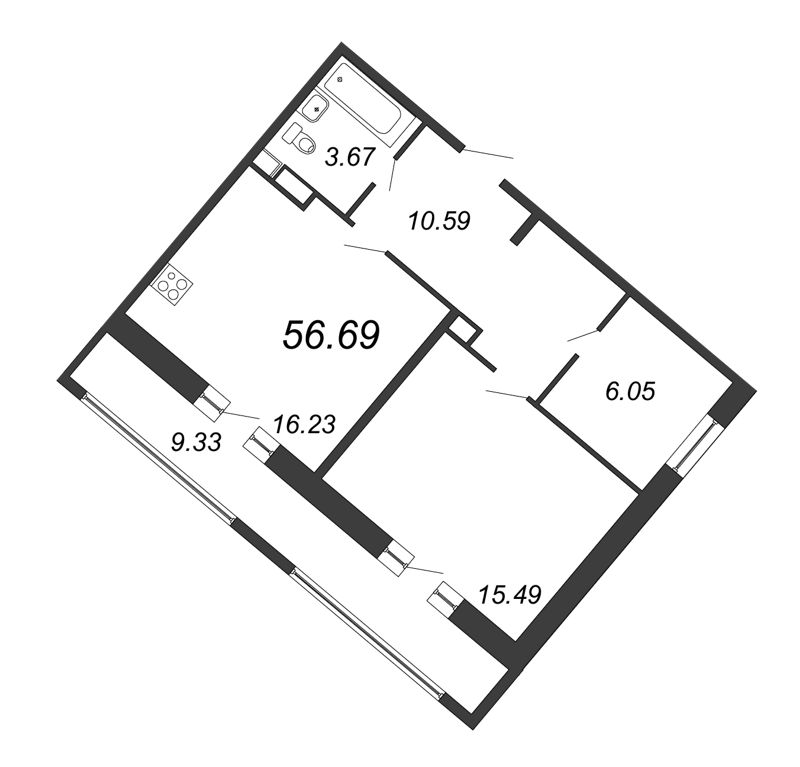 2-комнатная (Евро) квартира, 56.69 м² - планировка, фото №1