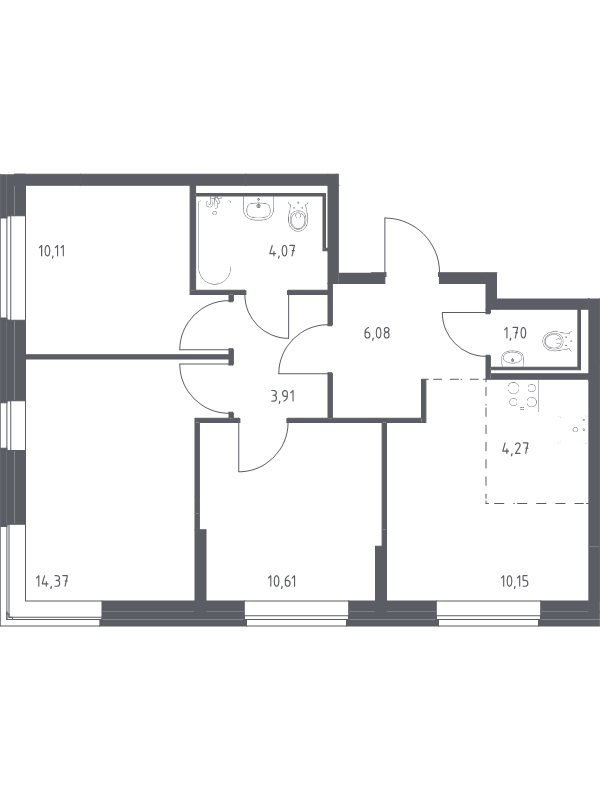 3-комнатная квартира, 65.27 м² - планировка, фото №1