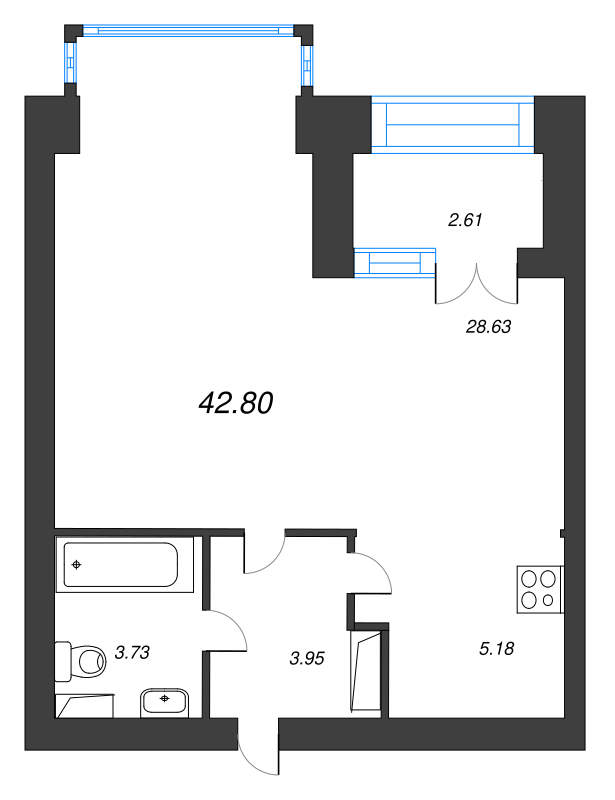 1-комнатная квартира, 43.4 м² в ЖК "Наука" - планировка, фото №1