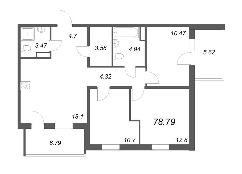 4-комнатная (Евро) квартира, 72.55 м² в ЖК "Юттери" - планировка, фото №1