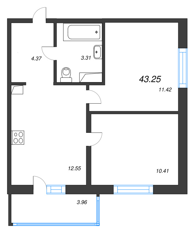 2-комнатная квартира, 43.25 м² в ЖК "Окла" - планировка, фото №1