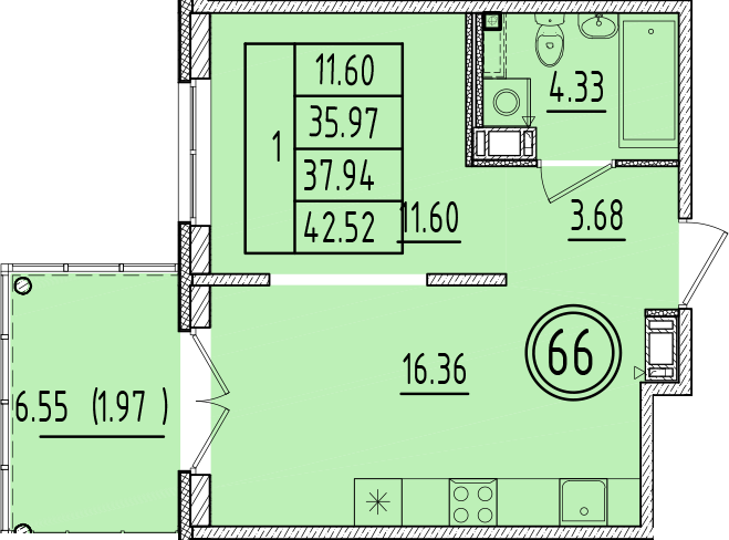 2-комнатная (Евро) квартира, 35.97 м² в ЖК "Образцовый квартал 6.4" - планировка, фото №1