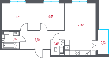 3-комнатная (Евро) квартира, 59.03 м² в ЖК "Город-спутник Южный" - планировка, фото №1