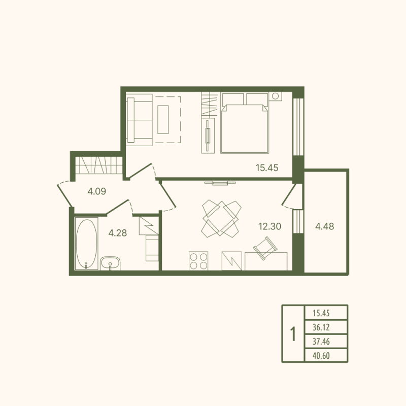 1-комнатная квартира, 37.46 м² в ЖК "Рауни" - планировка, фото №1