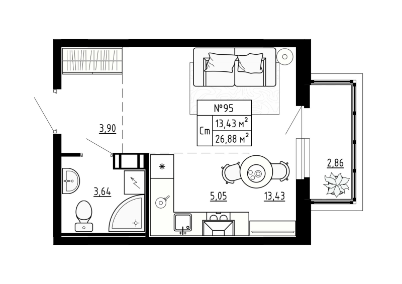 Квартира-студия, 26.89 м² в ЖК "Аннино Сити" - планировка, фото №1