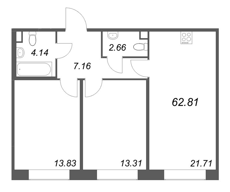 3-комнатная (Евро) квартира, 62.81 м² в ЖК "Дом на Курской" - планировка, фото №1