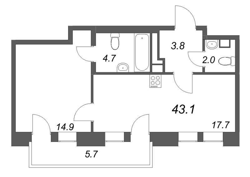2-комнатная (Евро) квартира, 43.1 м² в ЖК "Коллекционер" - планировка, фото №1