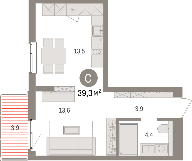 Квартира-студия, 39.3 м² в ЖК "Брусника в Новоселье" - планировка, фото №1
