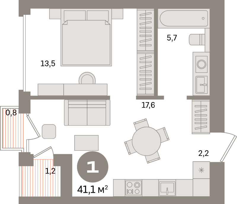 2-комнатная (Евро) квартира, 41.1 м² в ЖК "Северный ветер" - планировка, фото №1