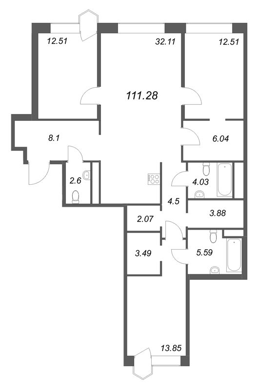 4-комнатная (Евро) квартира, 111.28 м² в ЖК "Avant" - планировка, фото №1
