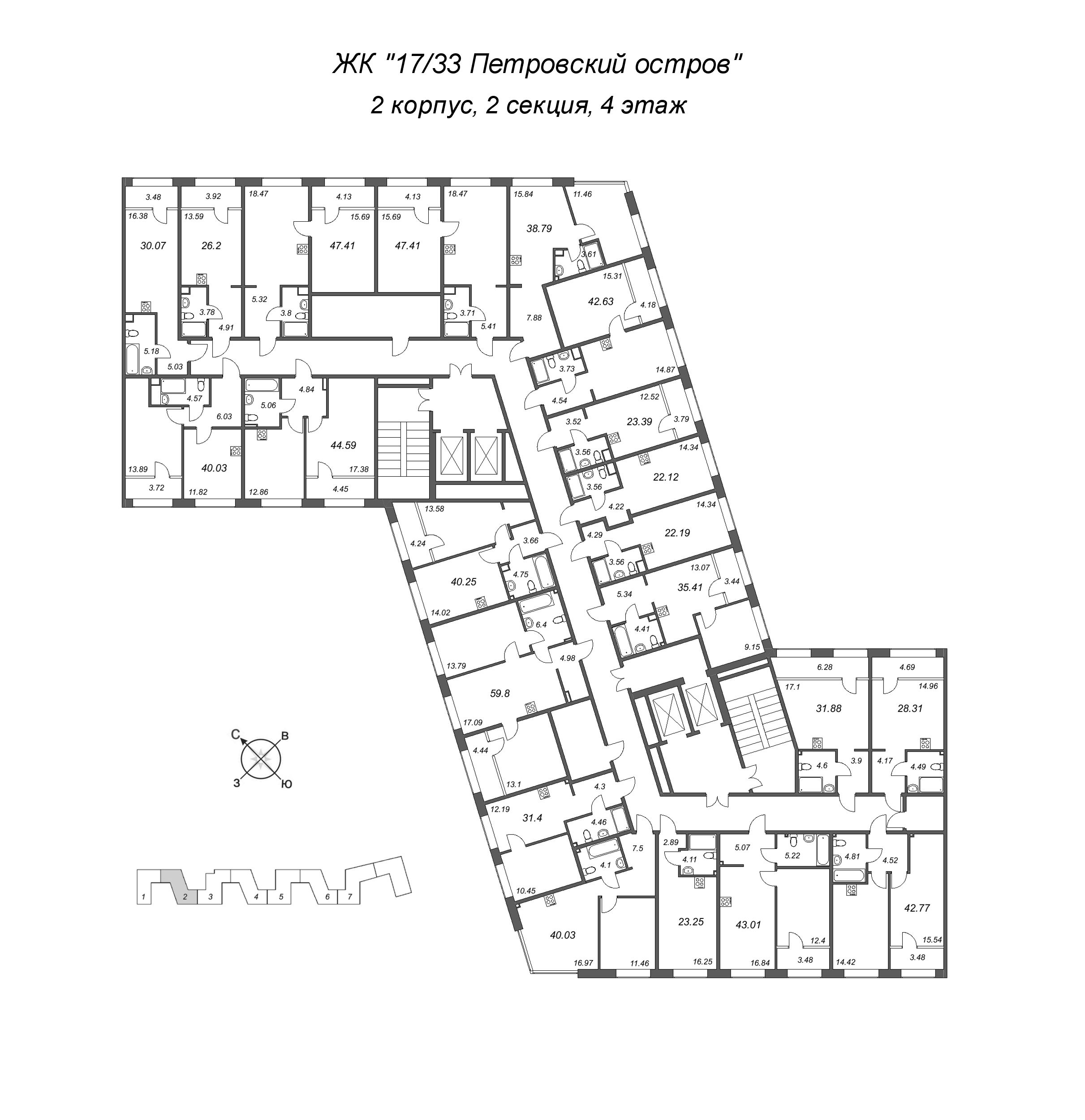 1-комнатная квартира, 44.59 м² в ЖК "17/33 Петровский остров" - планировка этажа